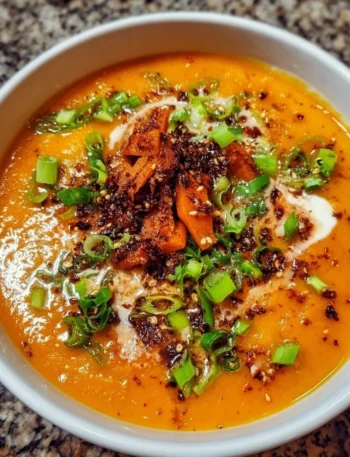 Bowls of spicy miso carrot soup garnished with green onions and herbs