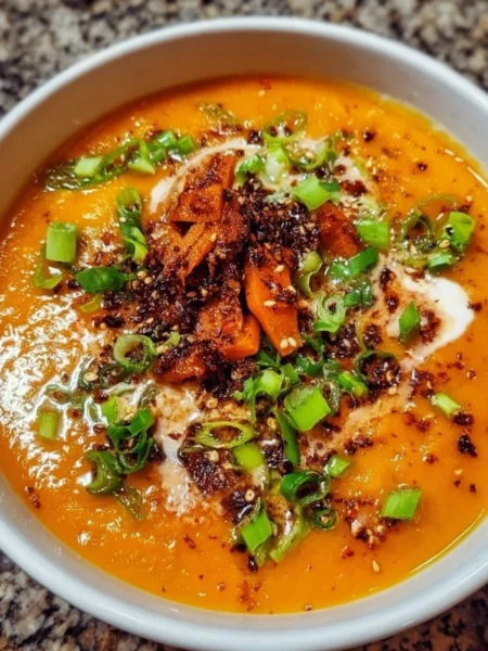Bowls of spicy miso carrot soup garnished with green onions and herbs