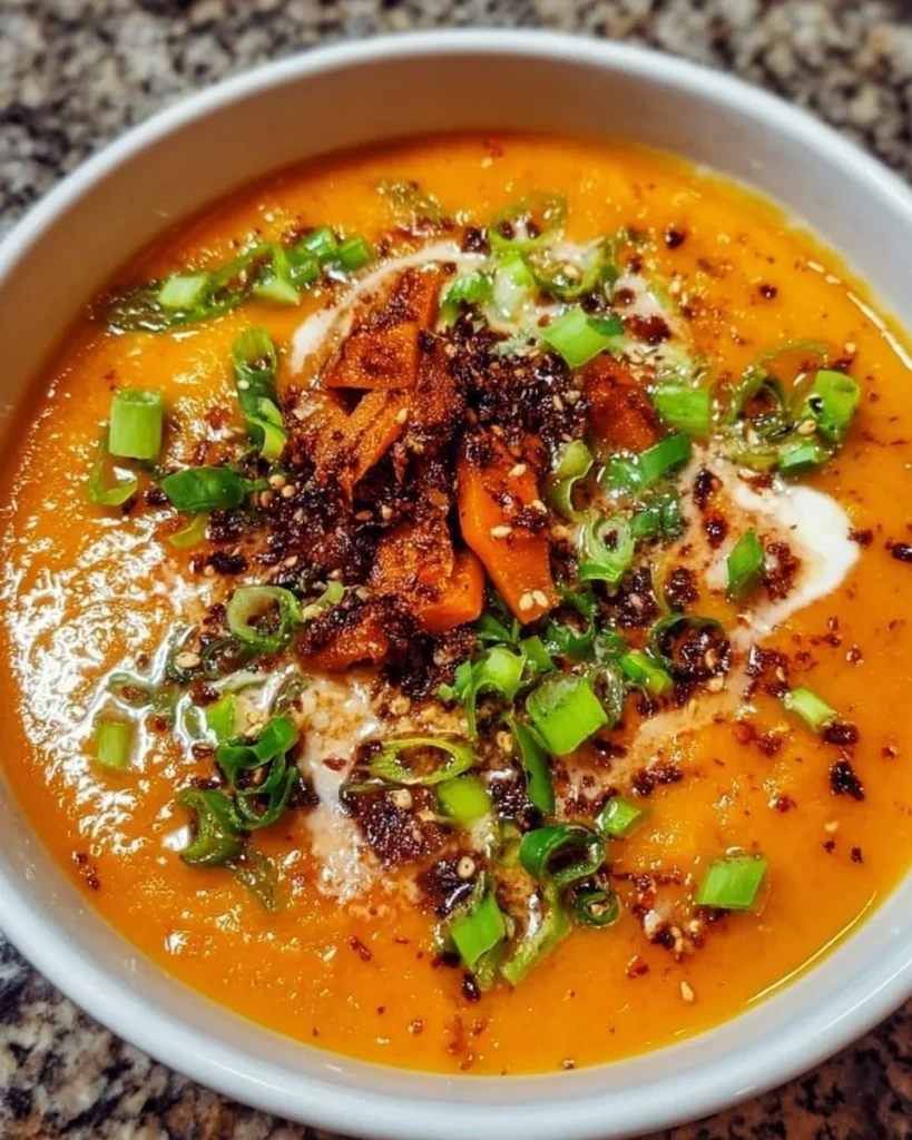 Bowls of spicy miso carrot soup garnished with green onions and herbs