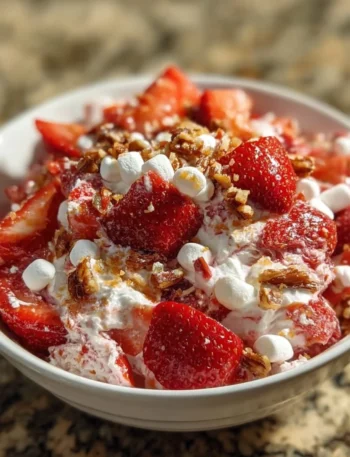 Strawberry Crackle Salad featuring fresh strawberries, greens, and crunchy toppings.