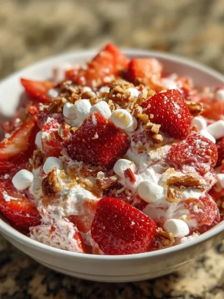 Strawberry Crackle Salad featuring fresh strawberries, greens, and crunchy toppings.