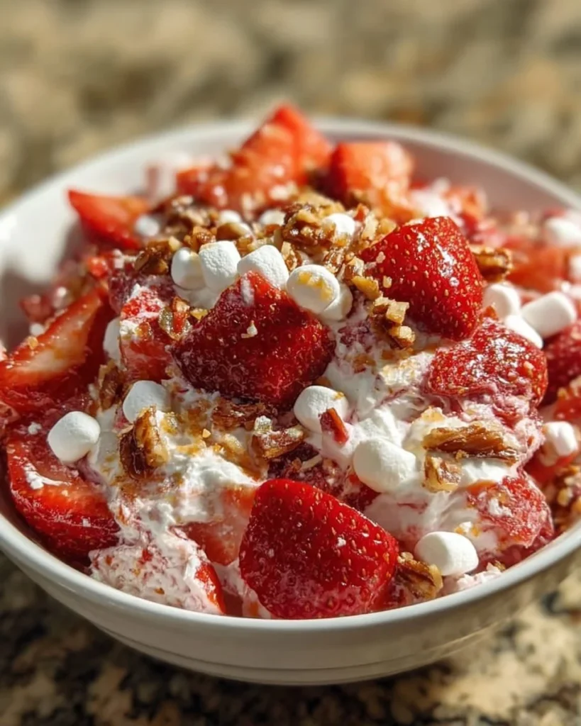 Strawberry Crackle Salad featuring fresh strawberries, greens, and crunchy toppings.