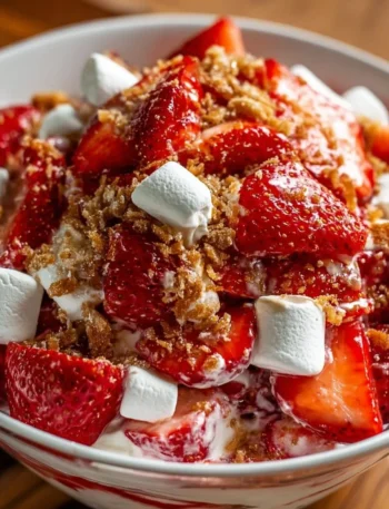 Delicious Strawberry Crackle Salad served in a bowl with fresh strawberries and crispy toppings.