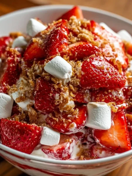Delicious Strawberry Crackle Salad served in a bowl with fresh strawberries and crispy toppings.