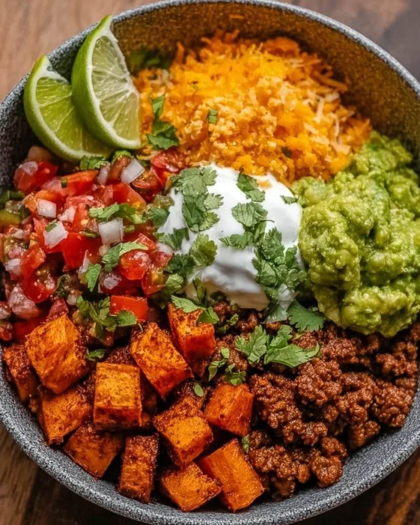 Colorful sweet potato taco bowl topped with fresh ingredients