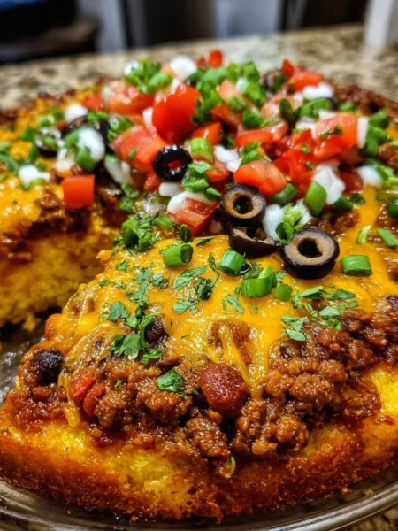 Delicious Texas Tamale Pie with tamales and toppings in a baking dish