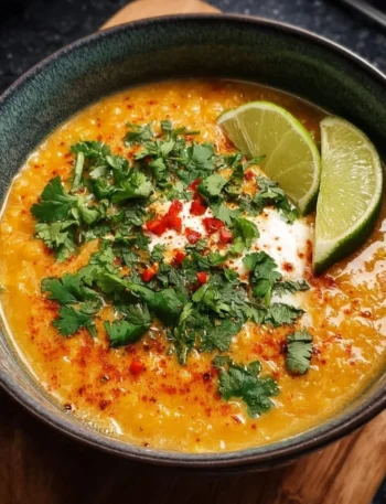 Bowl of Thai Coconut Red Lentil Soup topped with herbs and lime wedges