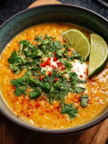 Bowl of Thai Coconut Red Lentil Soup topped with herbs and lime wedges