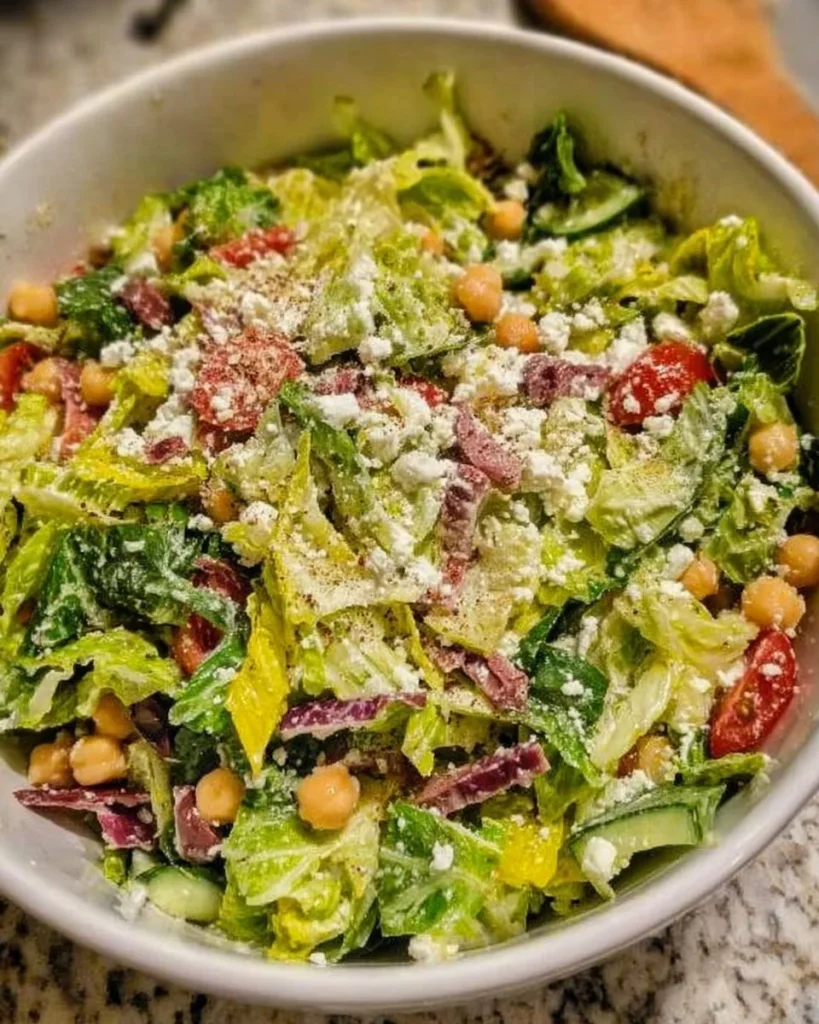 A vibrant bowl of Scala Chopped Salad with fresh vegetables and dressings
