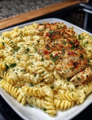 Delicious creamy garlic parmesan chicken pasta served in a bowl.