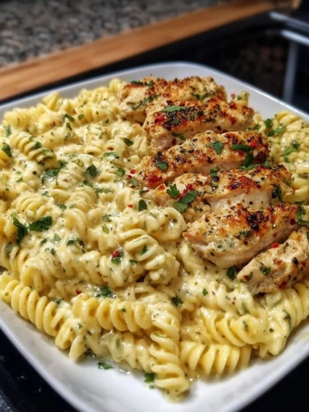 Delicious creamy garlic parmesan chicken pasta served in a bowl.