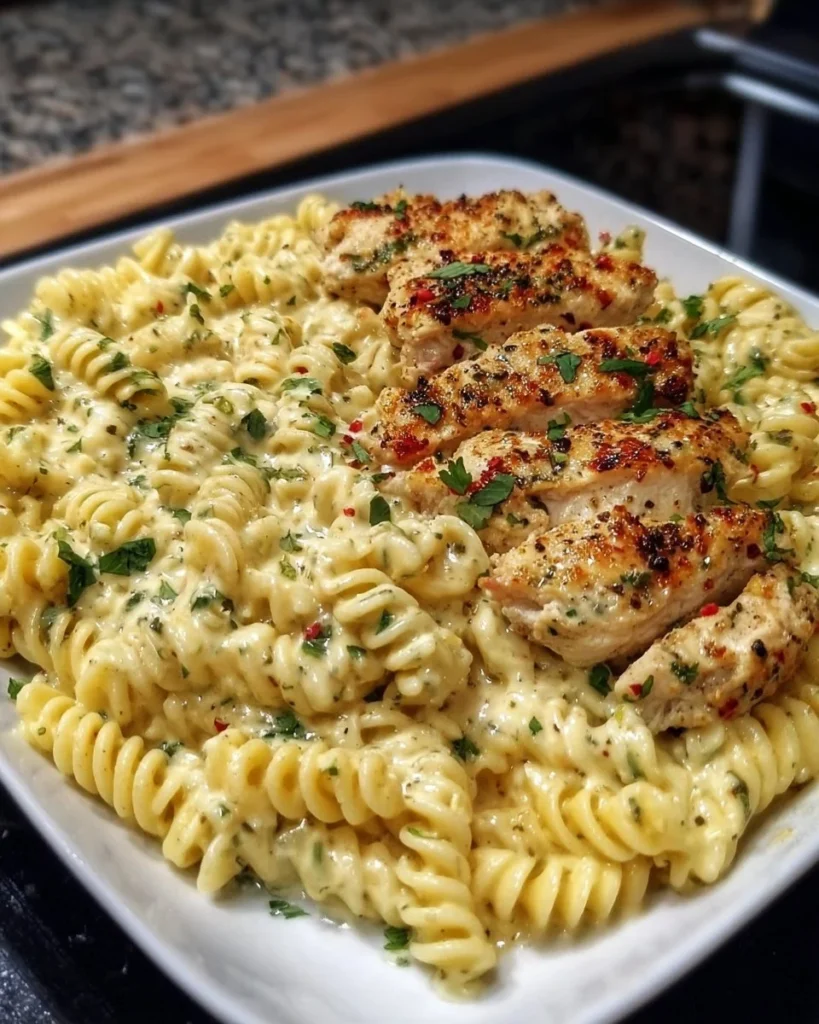 Delicious creamy garlic parmesan chicken pasta served in a bowl.