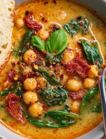 Bowl of Tuscan Garbanzo Bean Soup garnished with fresh herbs