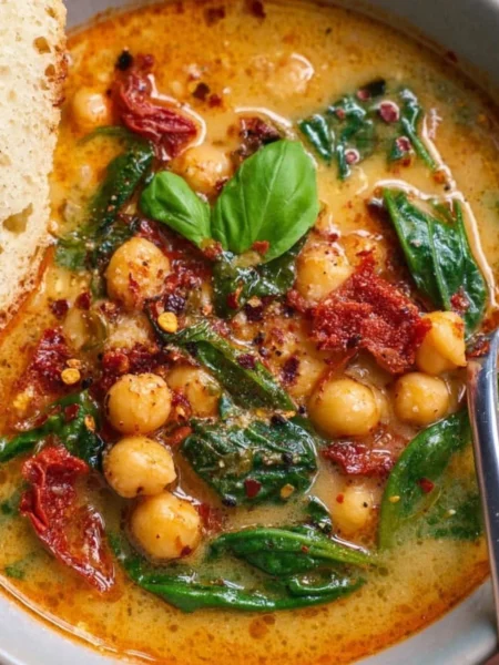 Bowl of Tuscan Garbanzo Bean Soup garnished with fresh herbs