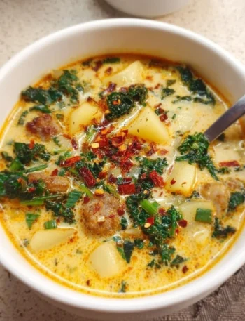 Bowl of delicious Vegan Tuscan Soup with fresh vegetables and herbs.