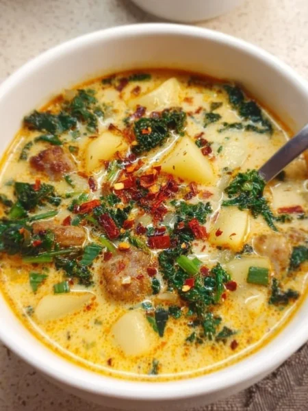 Bowl of delicious Vegan Tuscan Soup with fresh vegetables and herbs.