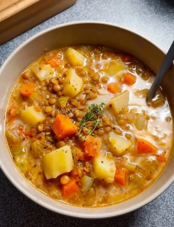 Bowl of hearty vegetarian lentil soup garnished with fresh herbs