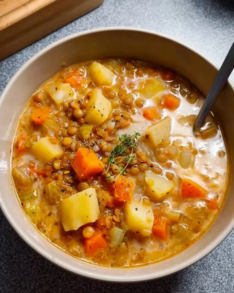 Bowl of hearty vegetarian lentil soup garnished with fresh herbs