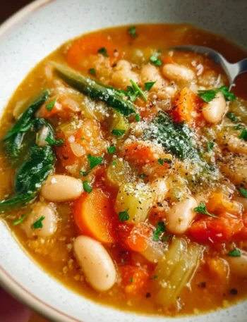 Bowl of Vegetarian Mediterranean White Bean Soup garnished with herbs
