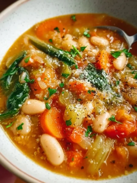 Bowl of Vegetarian Mediterranean White Bean Soup garnished with herbs