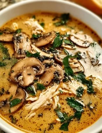 Bowl of clean chicken mushroom soup, perfect for cozy nights