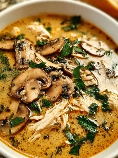 Bowl of clean chicken mushroom soup, perfect for cozy nights