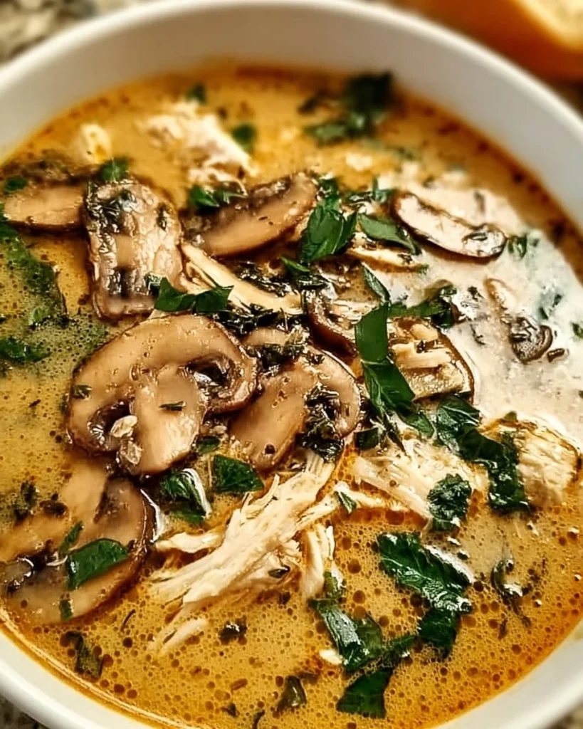Bowl of clean chicken mushroom soup, perfect for cozy nights