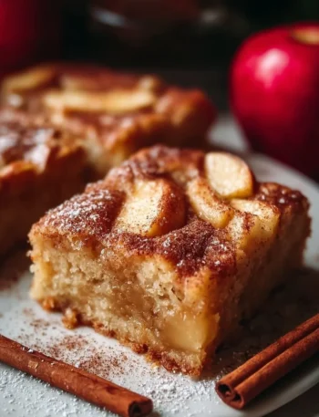 Delicious apple cinnamon sheet cake topped with frosting and apple slices