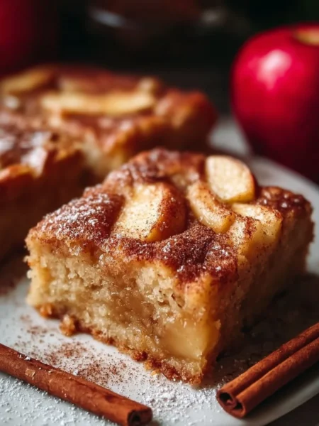 Delicious apple cinnamon sheet cake topped with frosting and apple slices