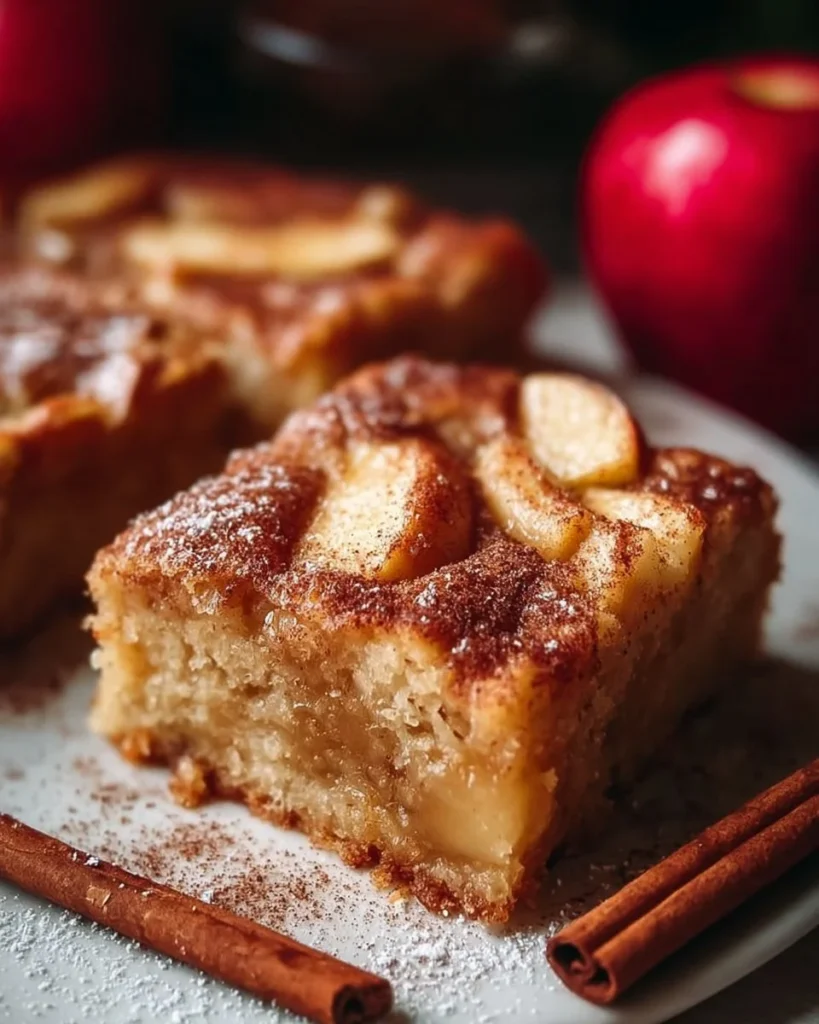 Delicious apple cinnamon sheet cake topped with frosting and apple slices