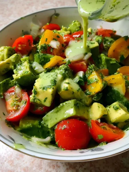 Avocado salad with lime cilantro dressing on a plate.