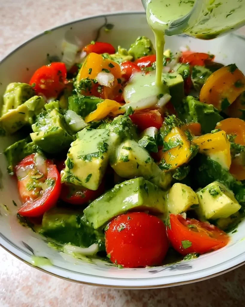 Avocado salad with lime cilantro dressing on a plate.