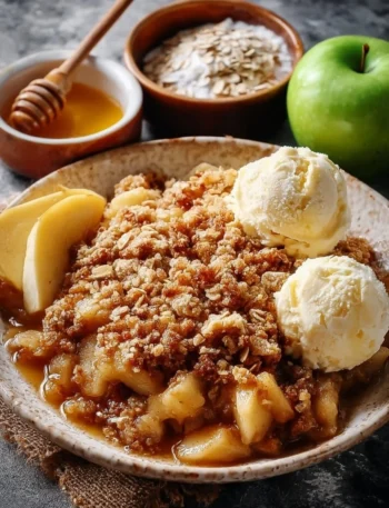 Delicious baked apple crumble with crispy topping and warm apple filling