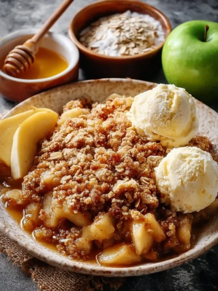 Delicious baked apple crumble with crispy topping and warm apple filling