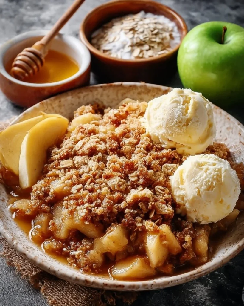 Delicious baked apple crumble with crispy topping and warm apple filling