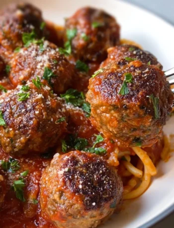 Baked Italian Meatballs served on a plate with marinara sauce and herbs
