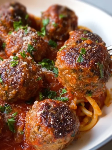 Baked Italian Meatballs served on a plate with marinara sauce and herbs