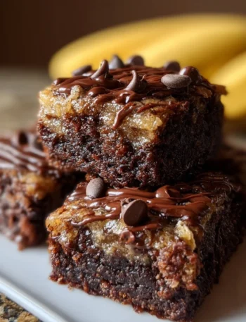 A plate of delicious banana bread brownies topped with chocolate chips and walnuts.