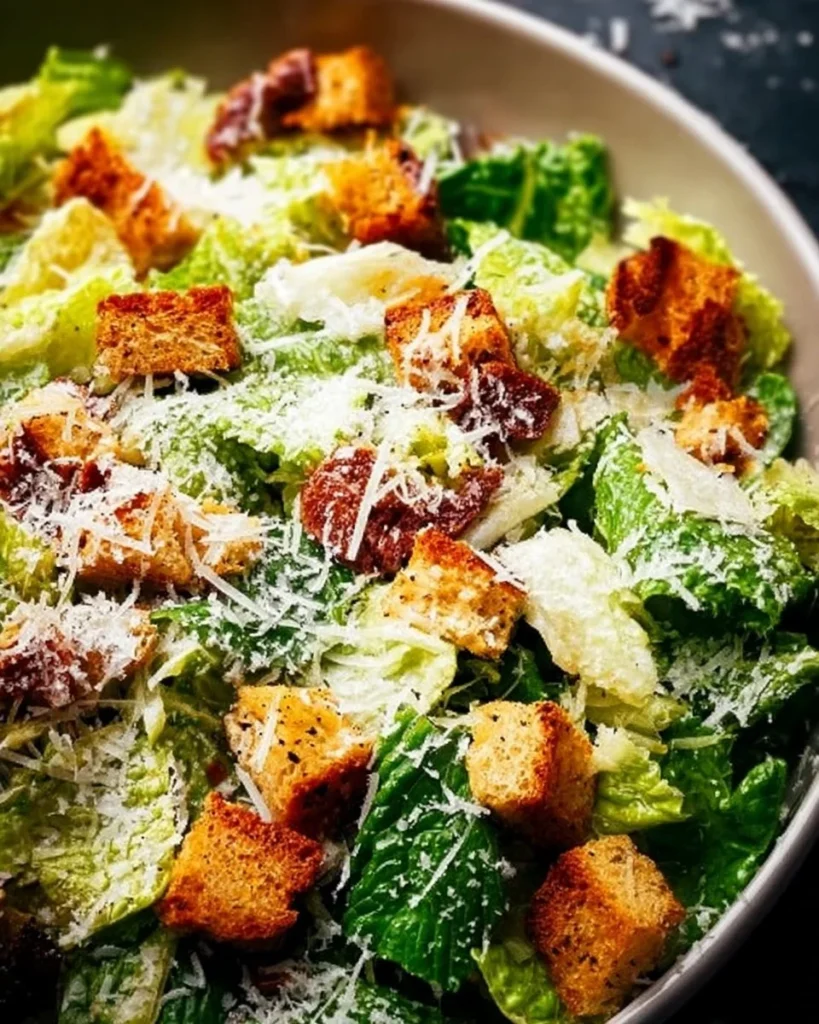 Delicious homemade Caesar Salad with fresh romaine, croutons, and creamy dressing