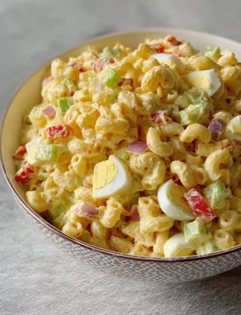 Delicious macaroni salad served in a bowl with colorful vegetables
