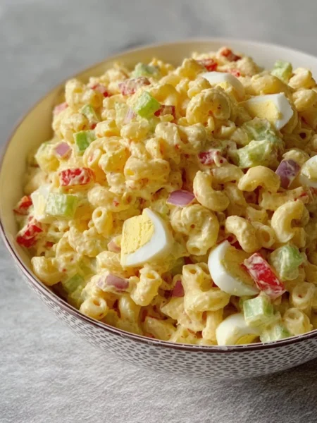 Delicious macaroni salad served in a bowl with colorful vegetables