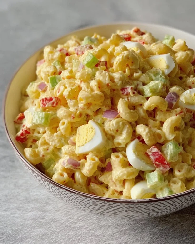 Delicious macaroni salad served in a bowl with colorful vegetables