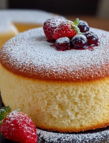 A beautifully baked sponge cake on a white plate garnished with fresh berries