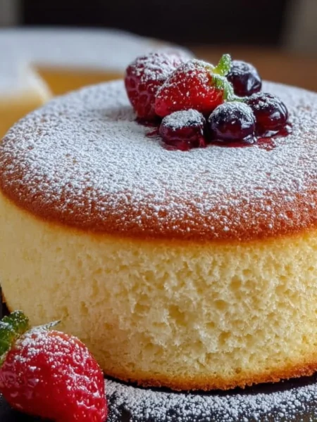 A beautifully baked sponge cake on a white plate garnished with fresh berries