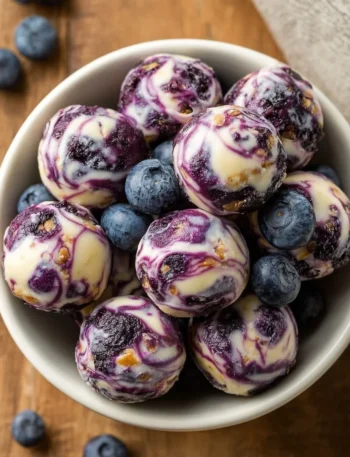 Blueberry Greek yogurt bites on a white plate, a healthy snack option.