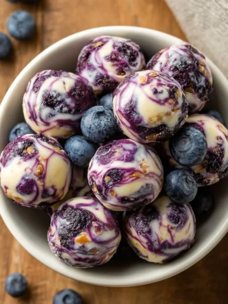 Blueberry Greek yogurt bites on a white plate, a healthy snack option.