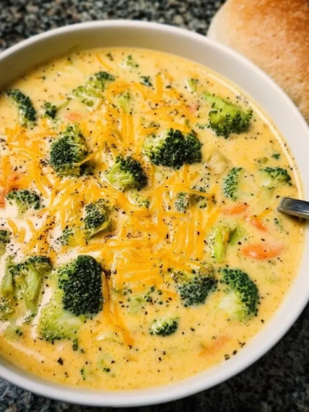 Delicious bowl of creamy broccoli cheddar soup topped with cheese and broccoli florets.