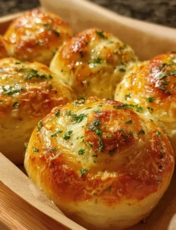 Buttery cheese garlic rolls fresh out of the oven, topped with herbs.