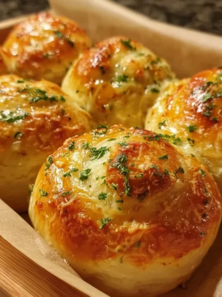 Buttery cheese garlic rolls fresh out of the oven, topped with herbs.