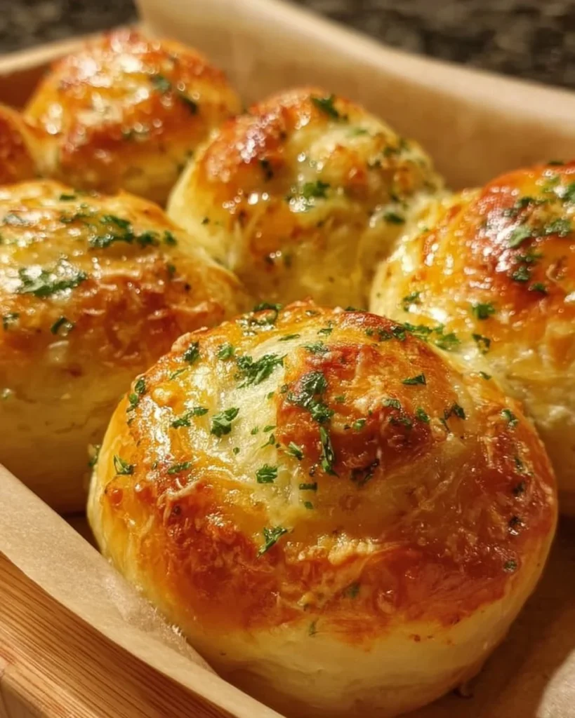 Buttery cheese garlic rolls fresh out of the oven, topped with herbs.